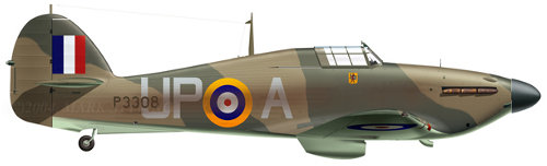 Hurricane Mk I P3308 UP-A of No 605 Sqn, flown by Acting Sqn Ldr AA McKellar, Croydon, October 1940