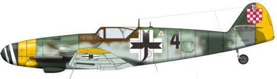 Messerschmitt Bf 109G-10/U3, W.Nr.W.Nr.2104, 'black 4', 2. Lovacko Jato, 1. Zrakoplovna Skupina, pilot Vladimir Sandtner, Lucko airfield, April 1945. On 16th April 1945 Vladimir Sandtner defected aboard this plane accompanied by Josip Cekovic who piloted the Messerschmitt Bf.109G-14 'black 10'. He landed in Falconara region (Italy) 12 kilometers westward of Ancona. This airplane was captured by Americans.