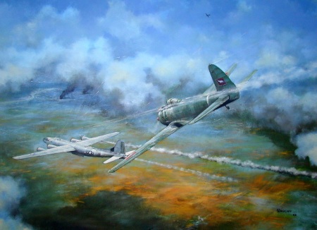 Nakajima Ki-43 Hayabusa in the air battle with B-29