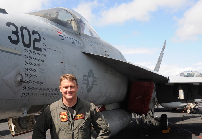LCDR Michael “MOB” Tremel, the F/A-18E Super Hornet U.S. Naval Aviator from VFA-87 Golden Warriors who shot down a Syrian Sukhoi Su-22 on Jun. 18 2018